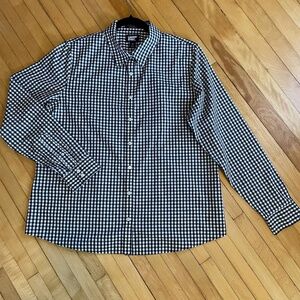 LANDS' END Women's No Iron Button Front Shirt Blouse Black White Gingham Check